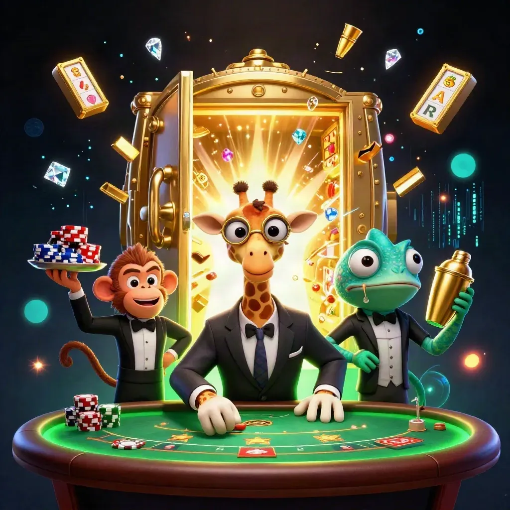 Giraffe, monkey, and chameleon at a glowing vault with gold and neon casino magic