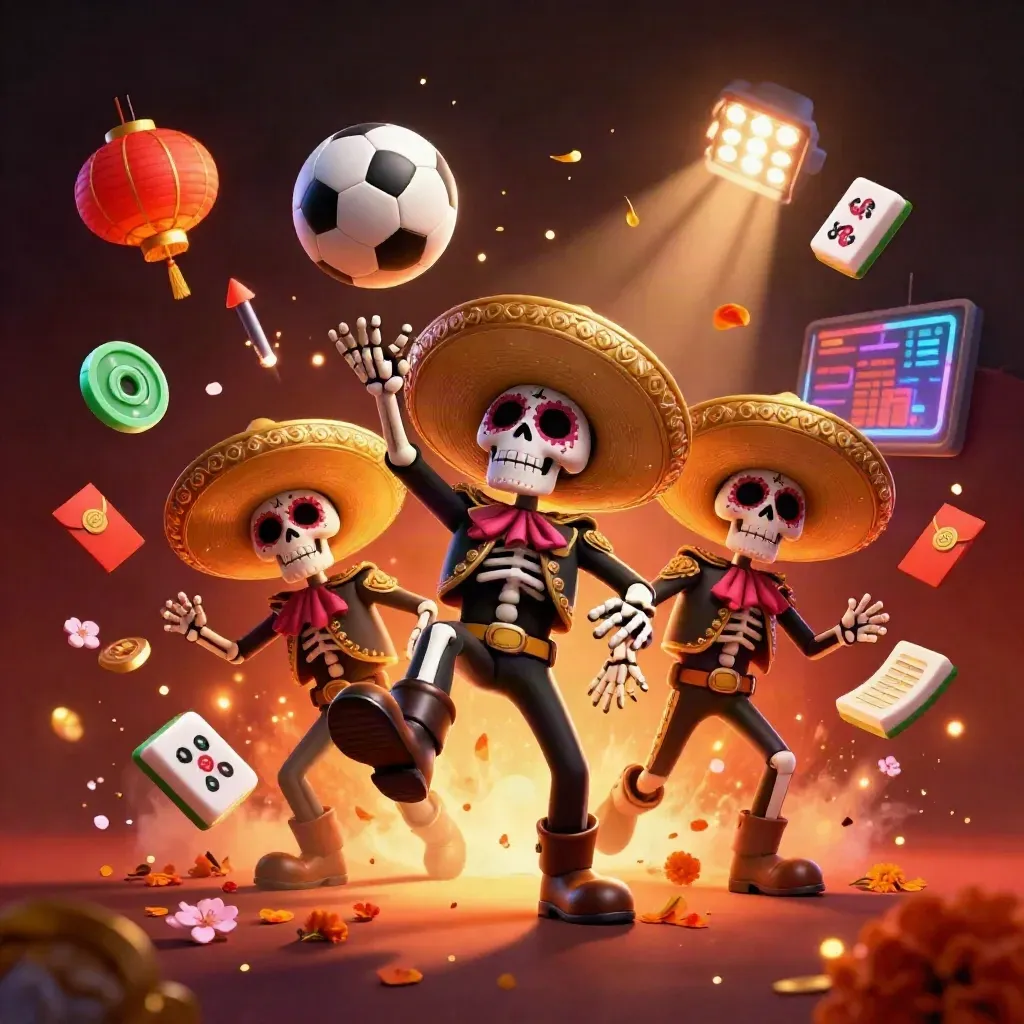 Skeleton mariachi trio amid flying sports balls, lanterns, coins and casino sparks, ground-level neon splash.