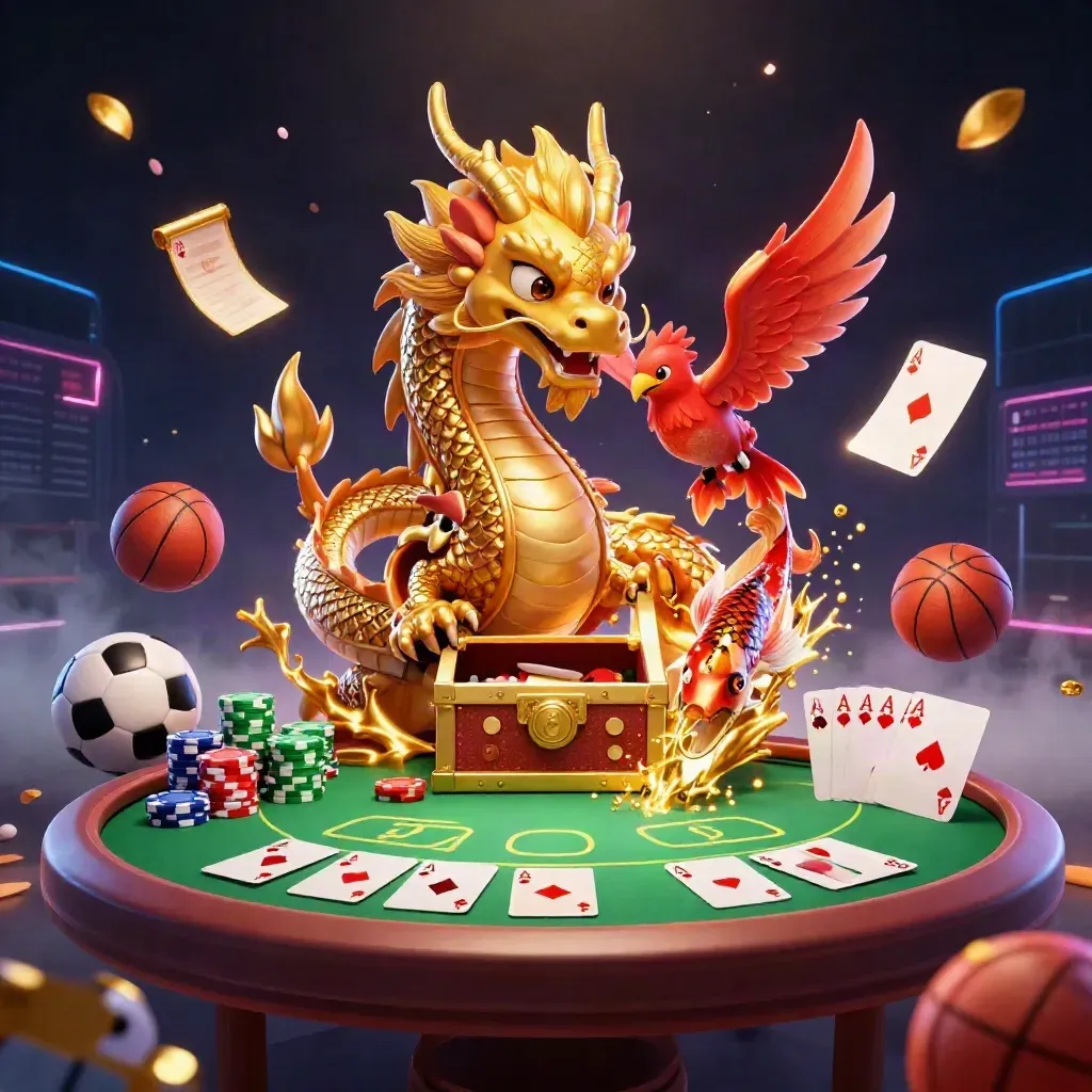Golden dragon, phoenix, koi, poker chips, balls, and neon casino fantasy on dark grid.