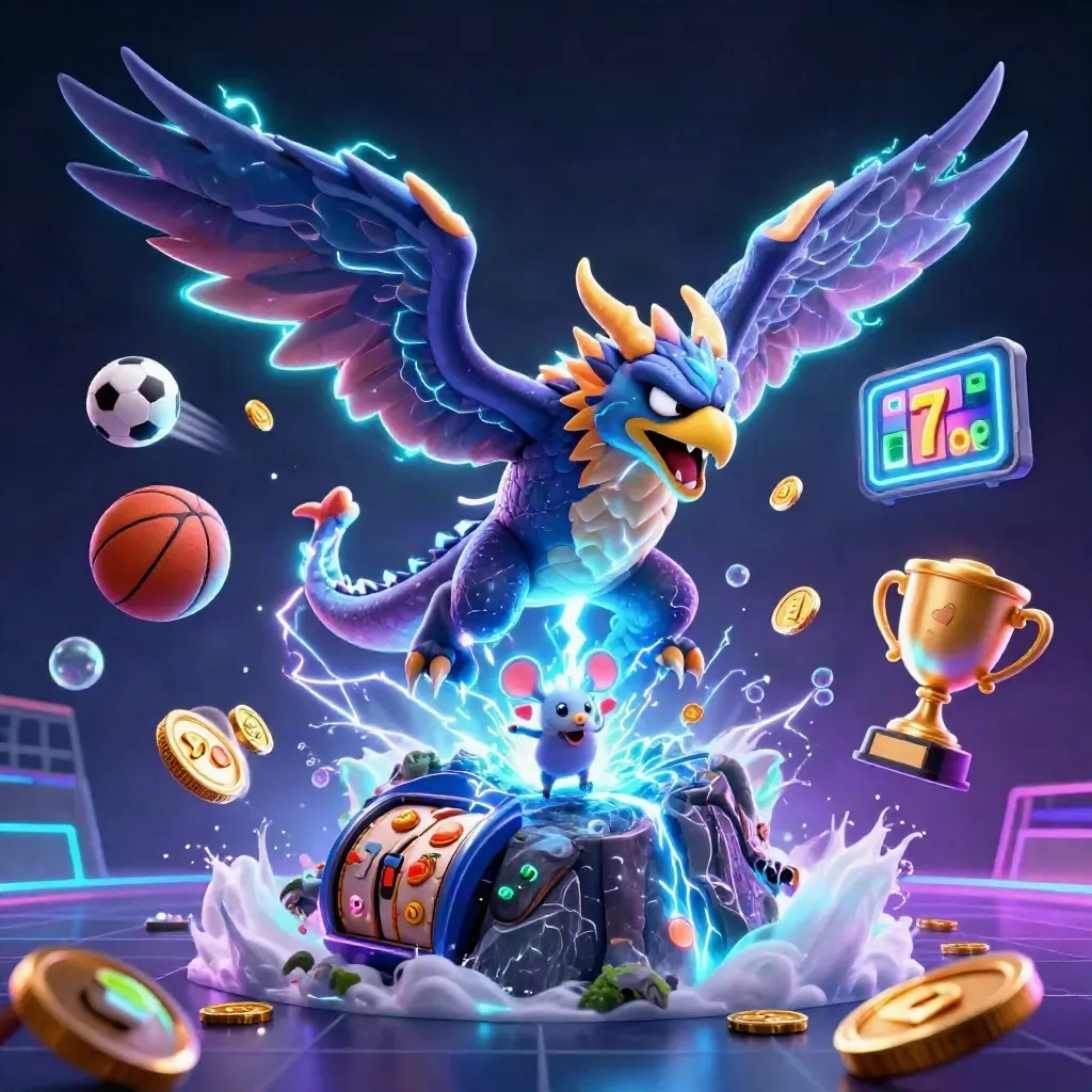 Thunder dragon, hawk, and mouse amid sports balls, coins, reels, and neon storm light.