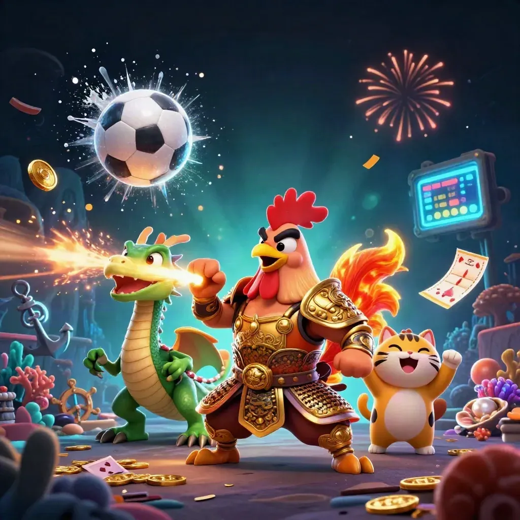 Gold-armoured rooster, spark-breathing hatchling and cheering cat amid flying balls and treasure.