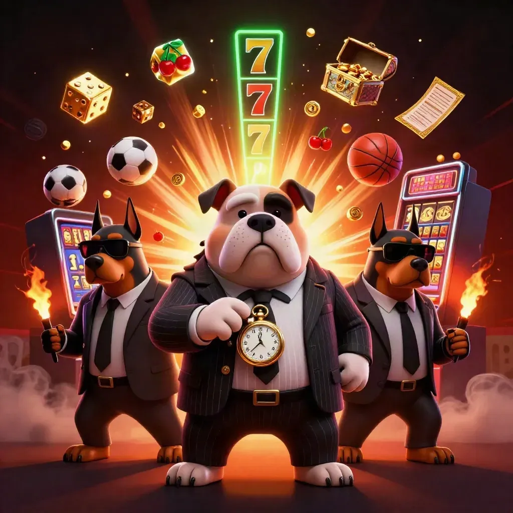 Bulldog boss and Dobermans burst through slot gold with ember-lit casino energy.