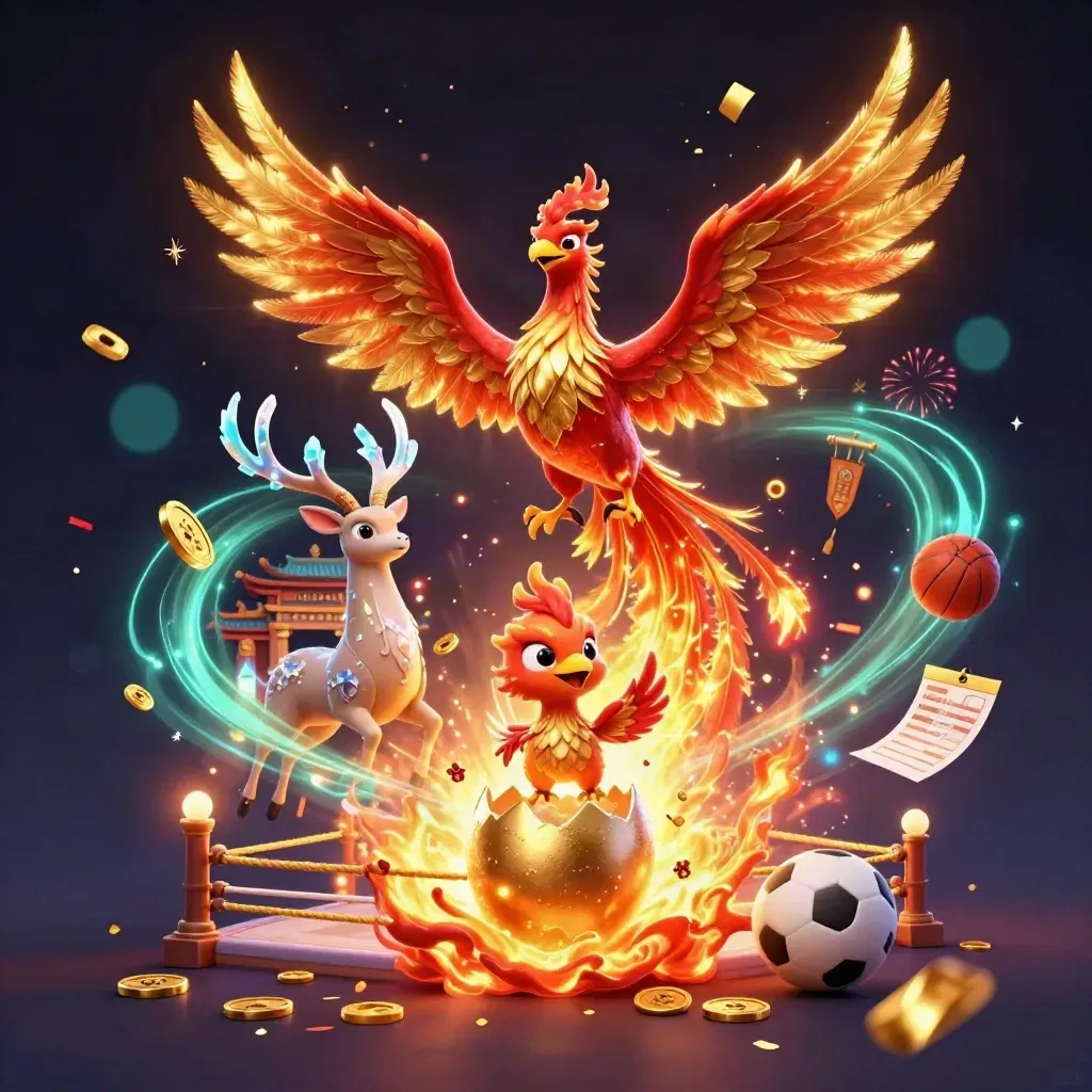 Phoenix trio with sports props, casino coins, and neon sparks in a dark magical arena.
