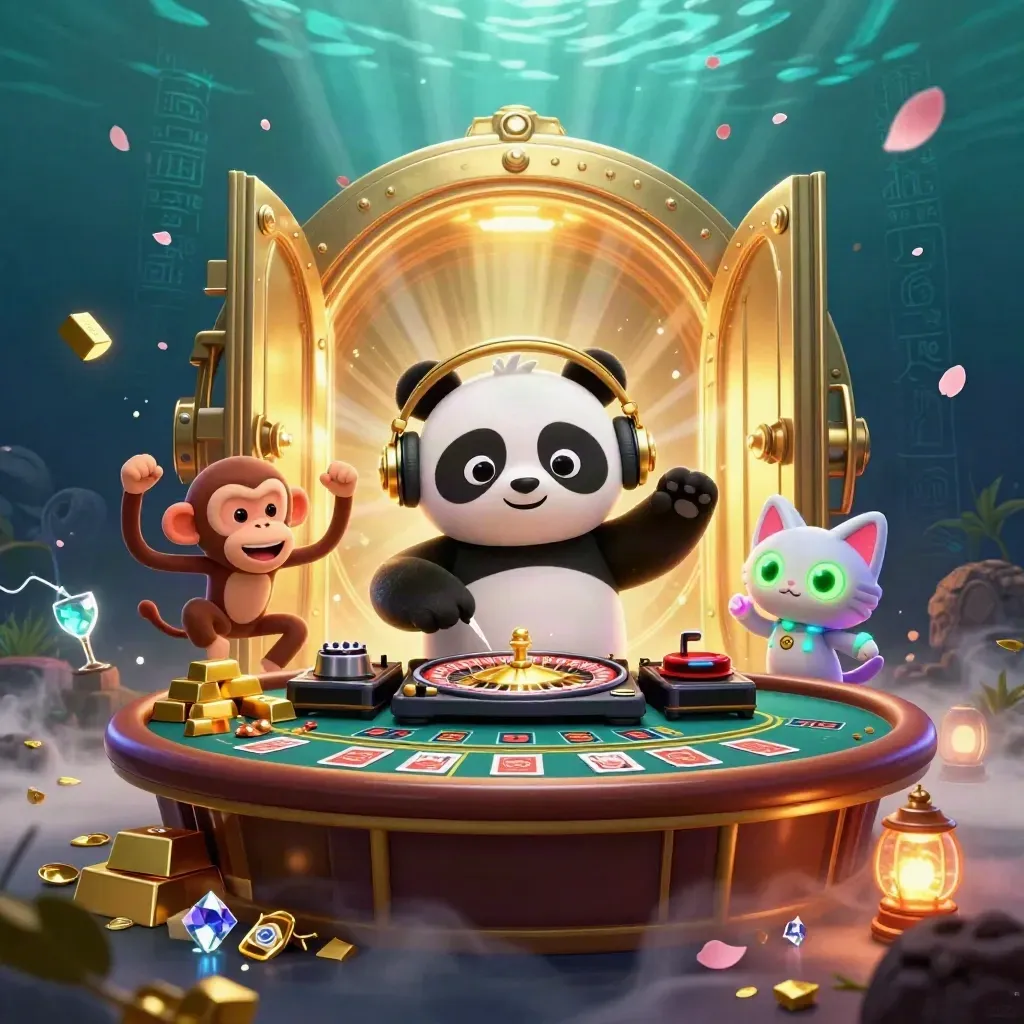 DJ panda, dancing monkey, glow-stick kitten amid vault light, gold, gems, and casino glow.