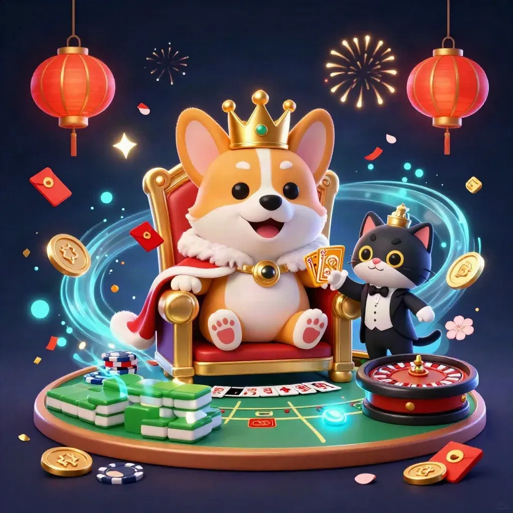 Royal corgi king and cat butler amid neon casino magic, lanterns, coins, and fireworks.