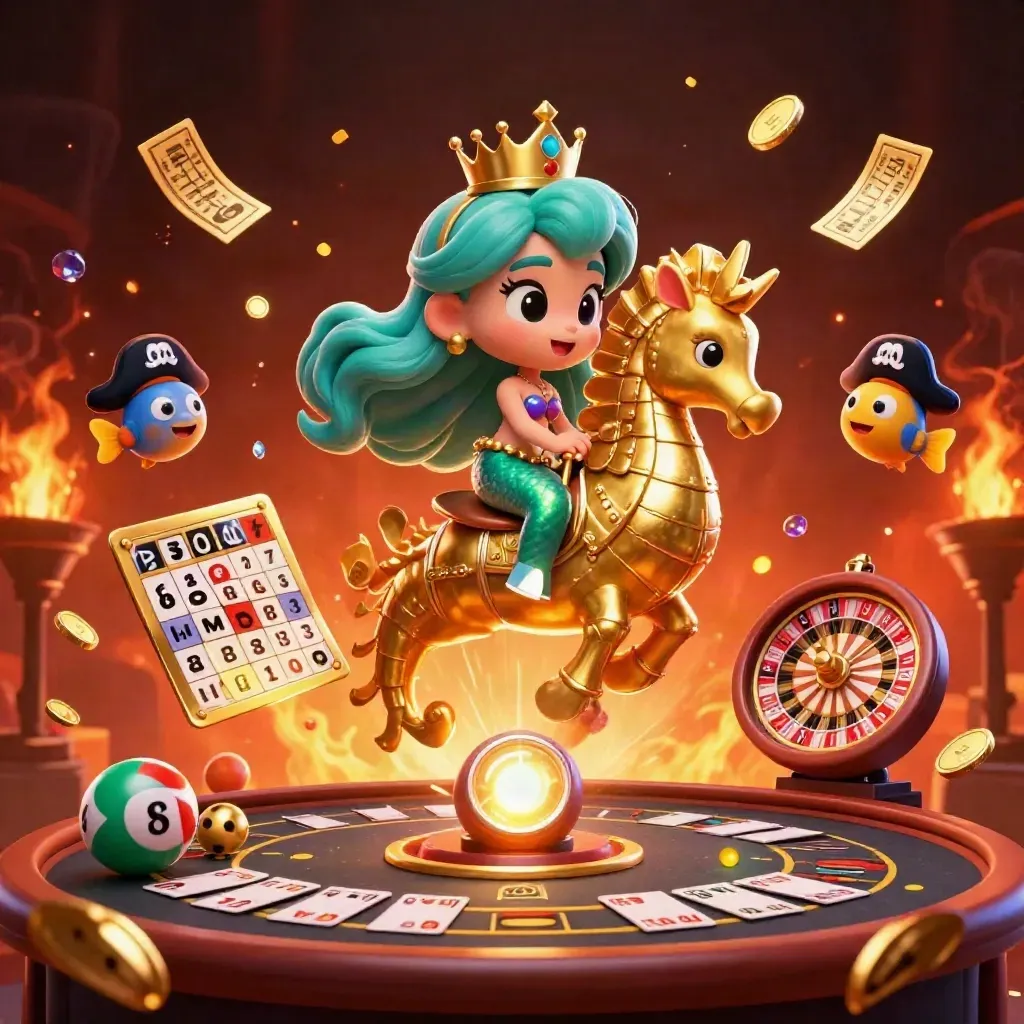 Mermaid princess on a gold seahorse amid casino lights, lottery balls, prize wheel, and ember glow.