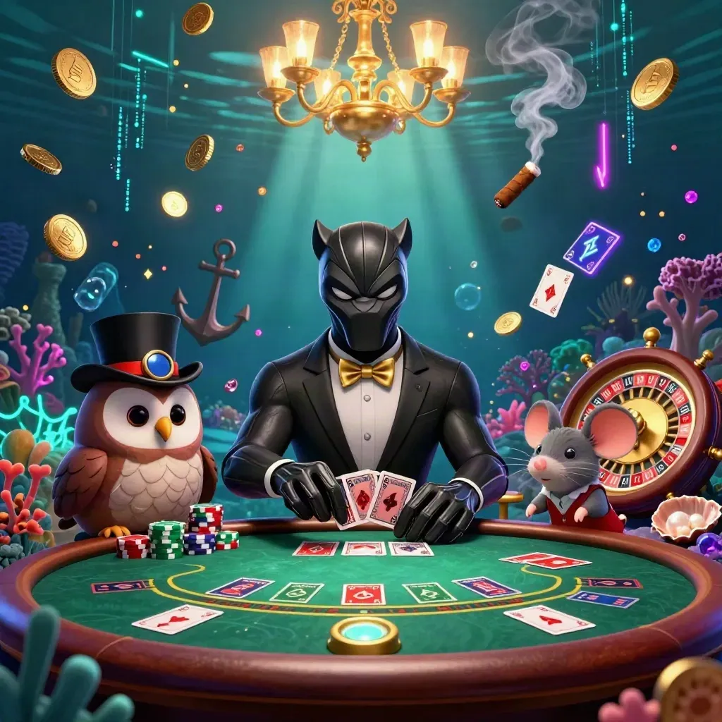 Panther, owl, and mouse in a glowing underwater casino with treasure, neon streaks, and luxe brass lighting.