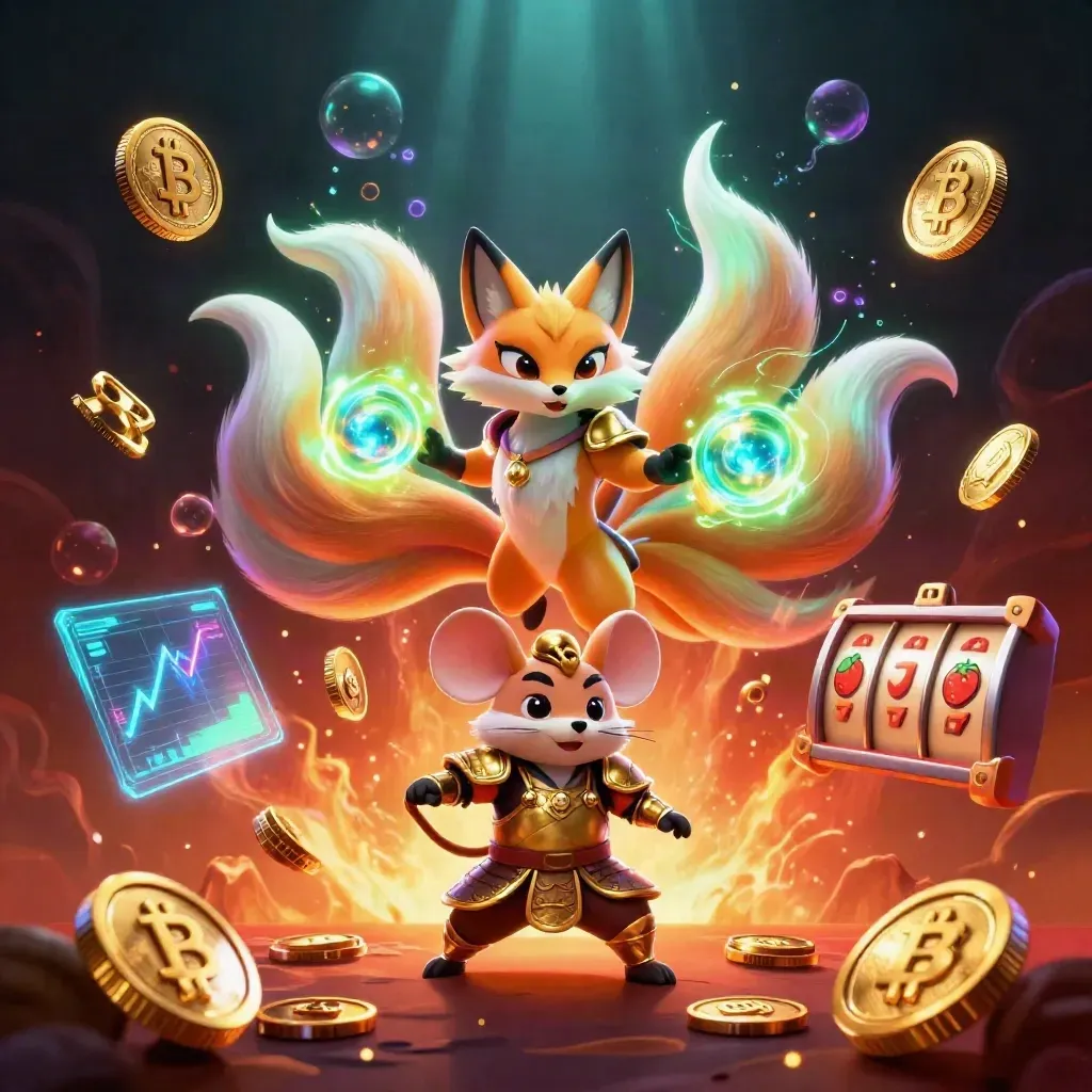 Nine-tailed fox spirit and golden mouse amid coins, lightning, reels, and neon casino effects.