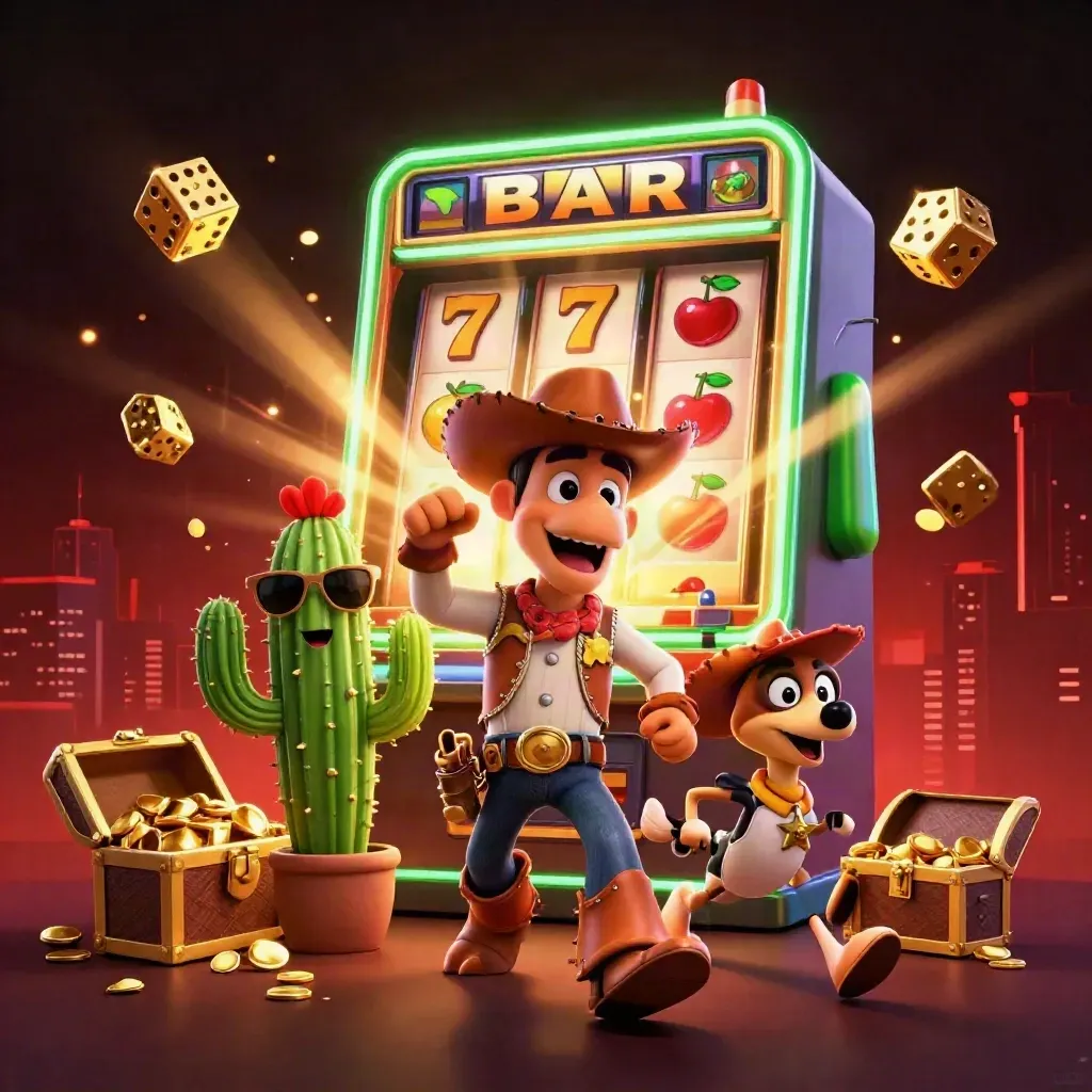 Cowboy T-Rex, cactus sidekick, and roadrunner amid jackpot bursts and neon casino effects.