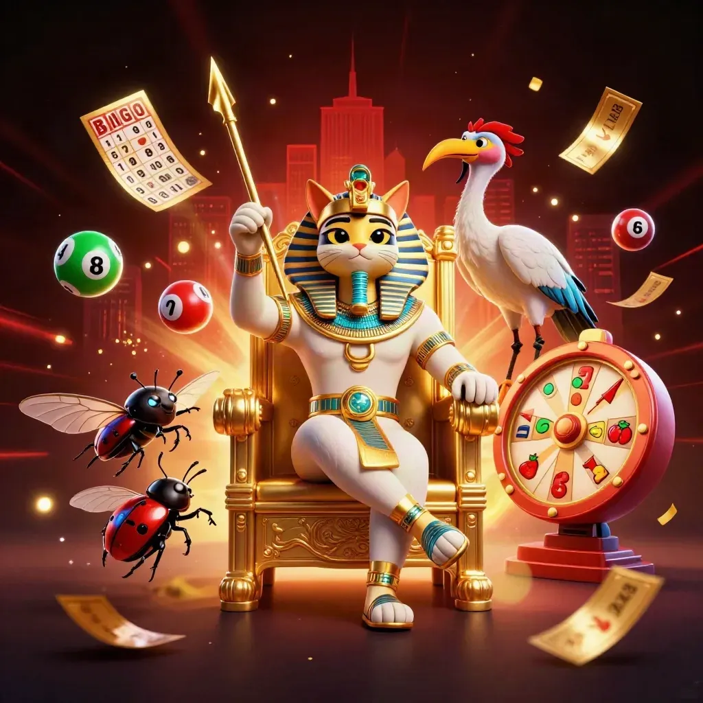 Pharaoh cat, ibis scribe, and gem-wing scarabs amid casino bursts and glowing red-gold light.