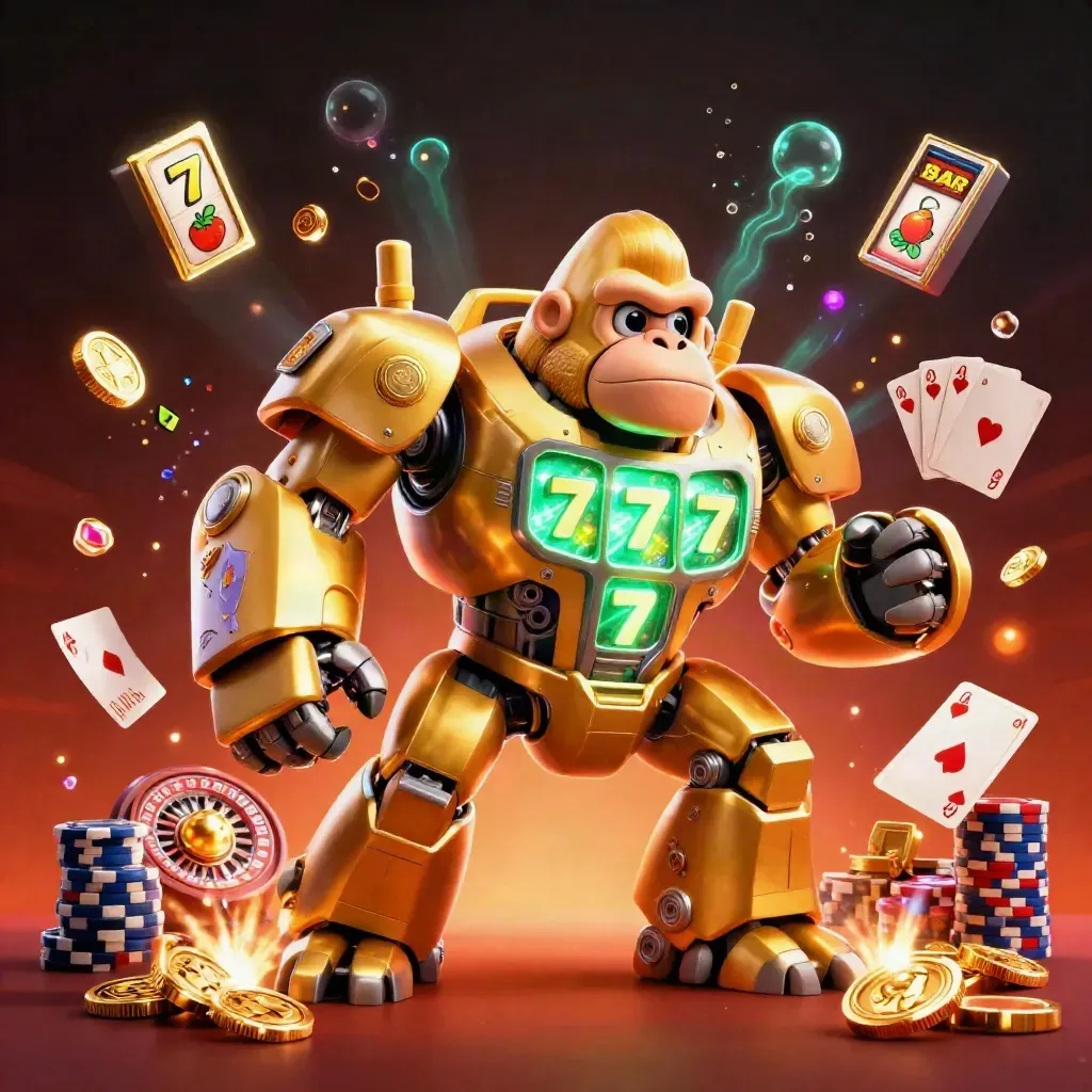 Golden gorilla mech with tiny monkey pilot, coins, gems, roulette wheel and chips in neon casino glow