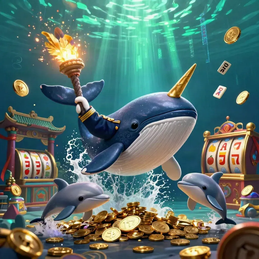 Whale captain, narwhal, and dolphins burst through coins in a neon casino underwater scene.