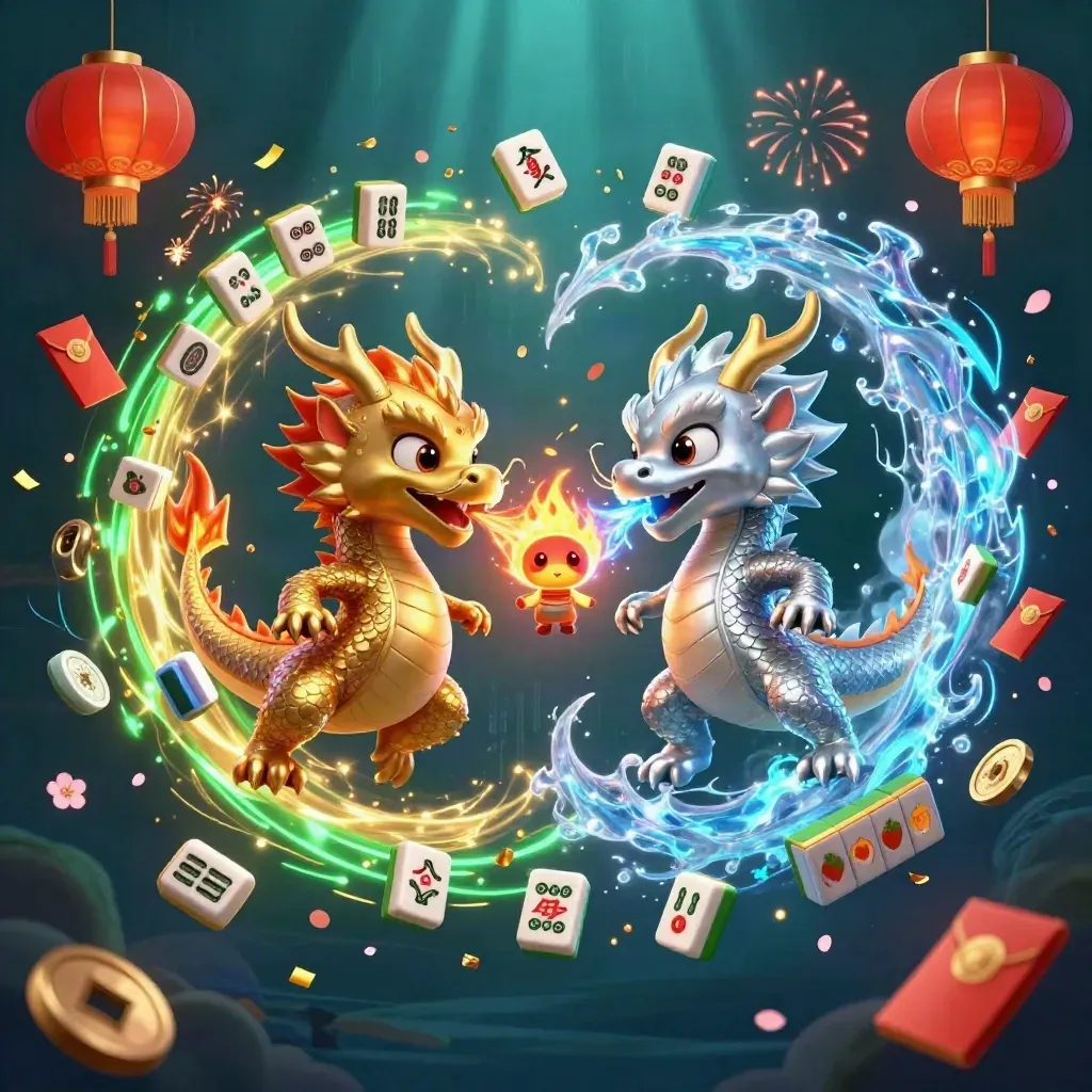 Twin gold and silver dragons spiral around a lantern spirit amid casino treasures and neon energy.