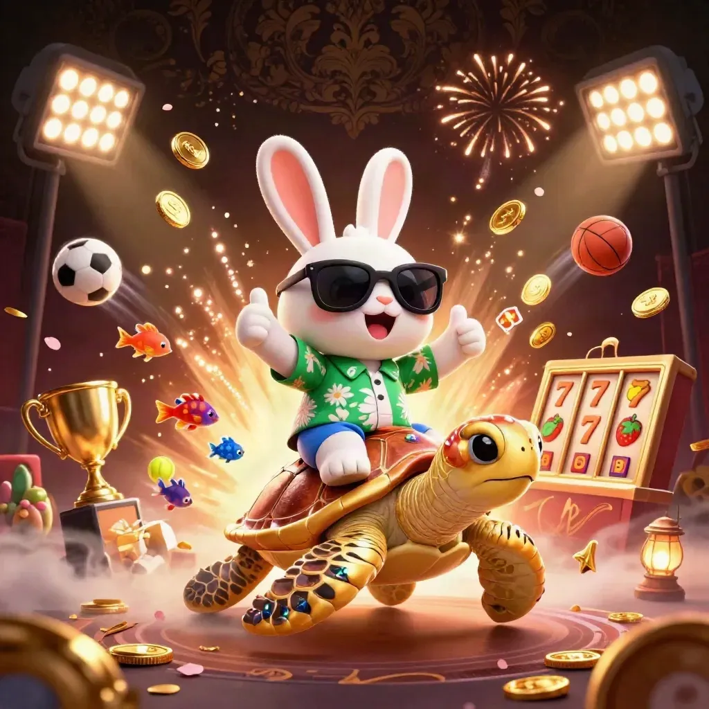 Lucky rabbit rides a golden turtle amid coins, sports balls, fireworks, and casino riches.
