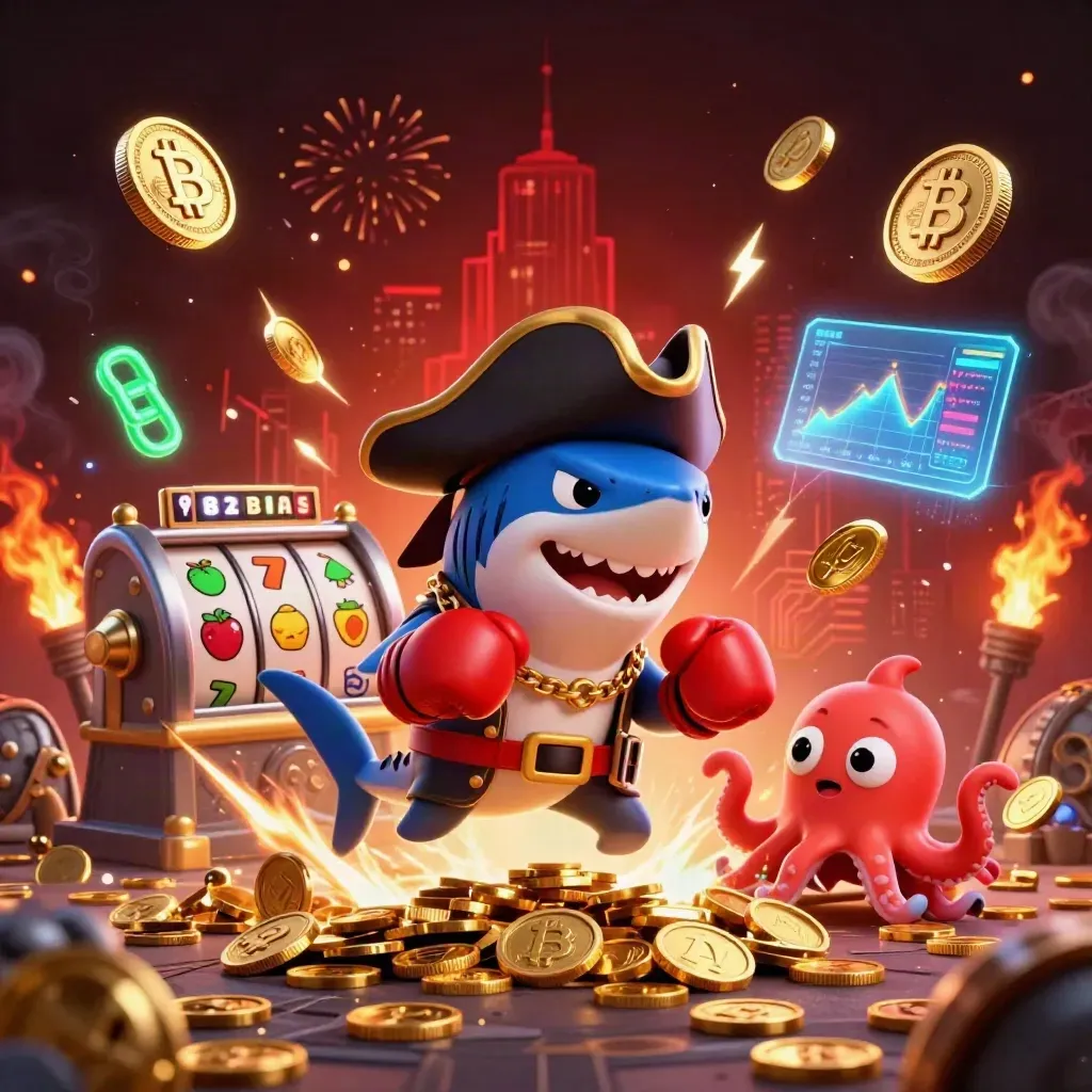 Pirate shark, boxing pufferfish, and juggling octopus burst coins in a casino vault celebration.