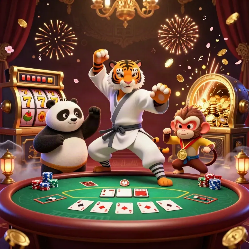 Tiger, panda and monkey amid coins, fireworks, slots and poker chips in a luxe casino burst.
