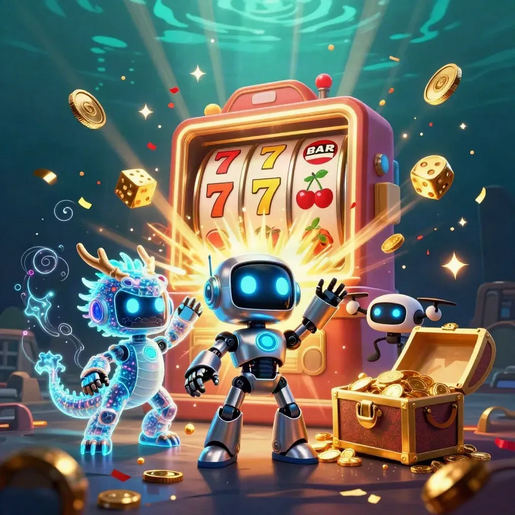 Cyberpunk robot, hologram dragon and coin drone exploding with slots, coins, fireworks and gold.