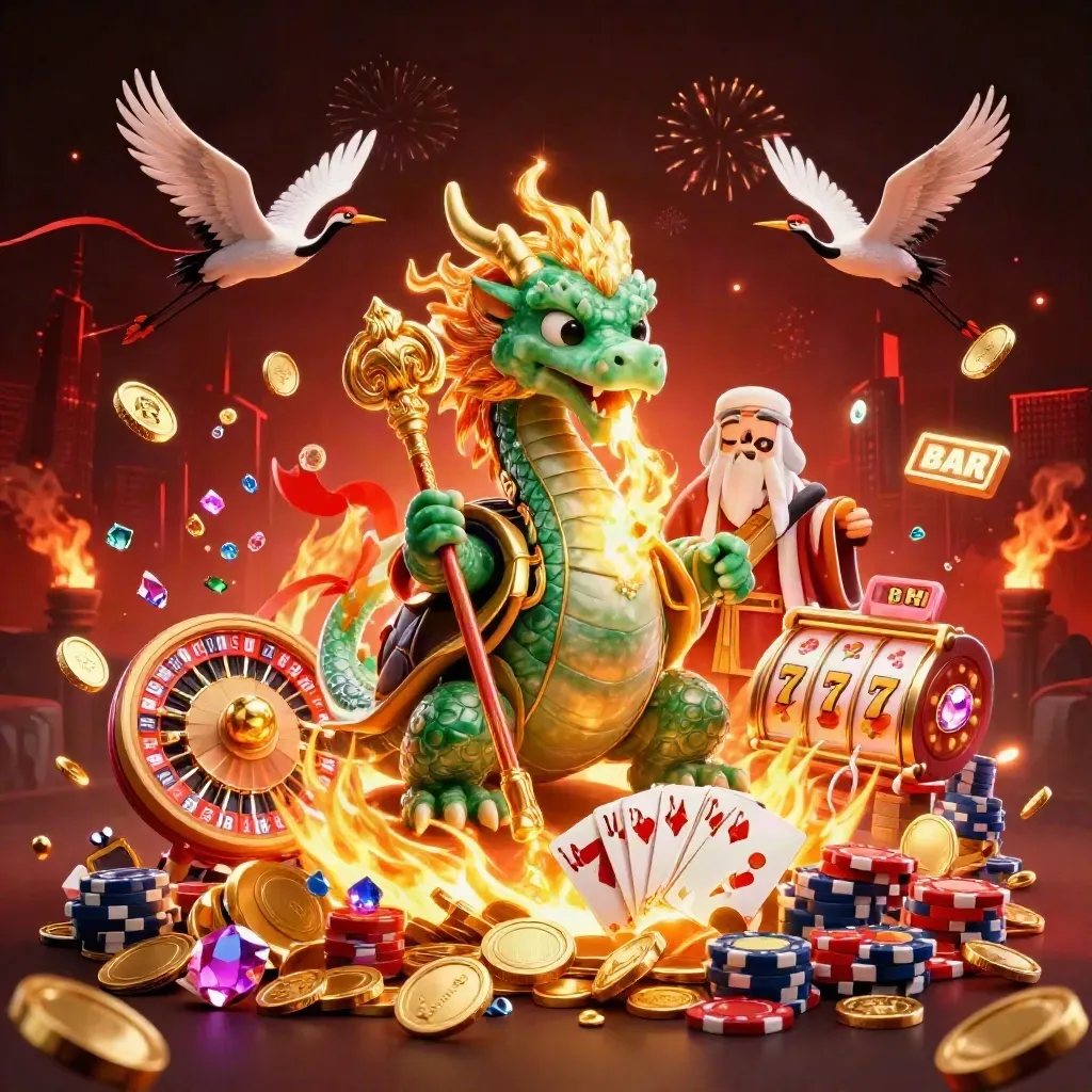 Dragon, turtle sage, and cranes amid coins, chips, fireworks, and casino reels in neon casino style.
