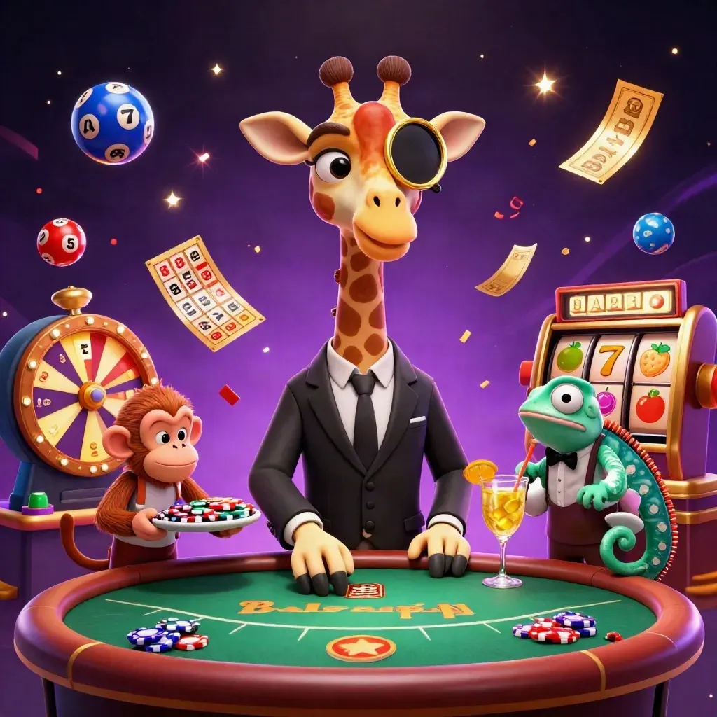 Giraffe high roller with monkey valet and chameleon bartender amid casino magic and flying jackpot symbols