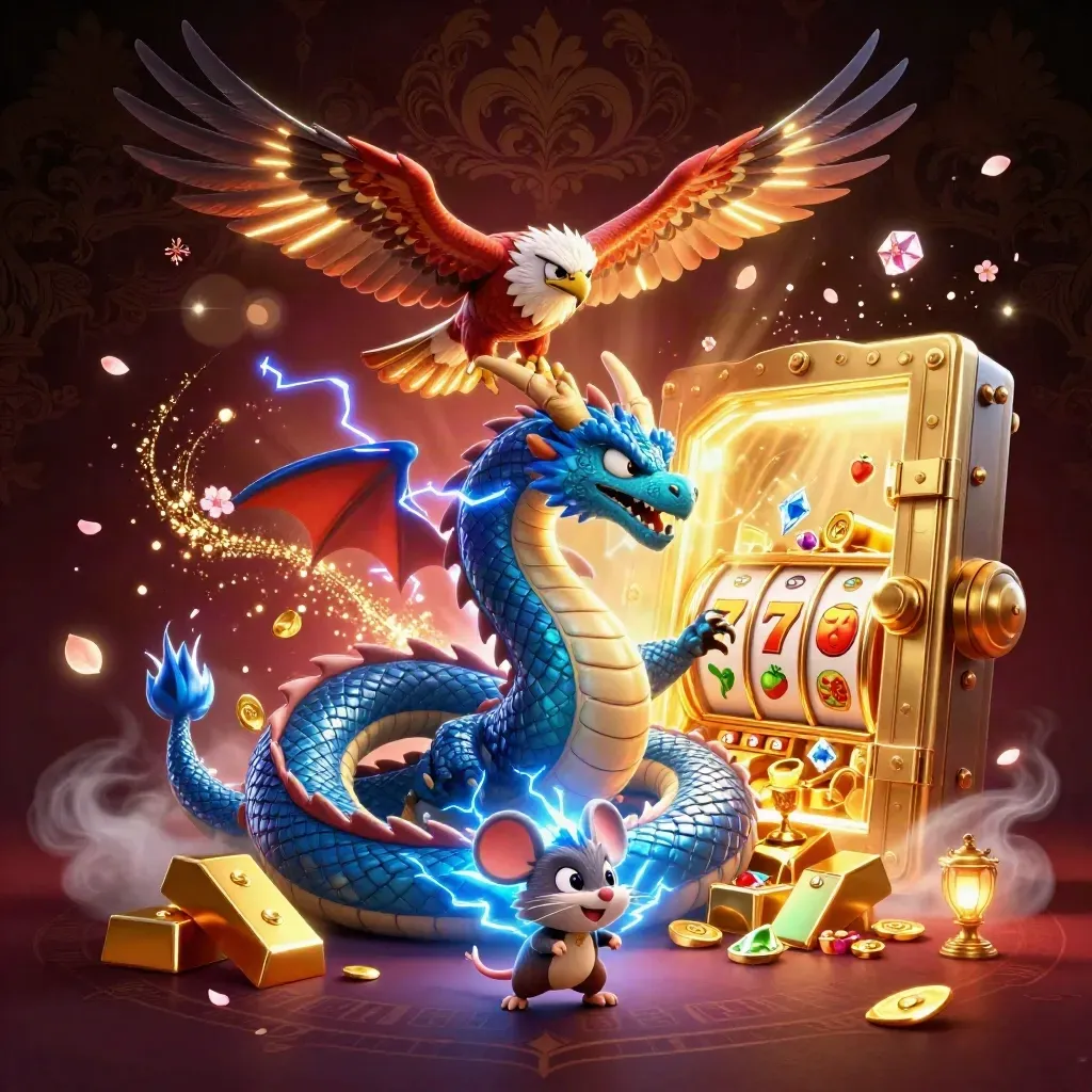 Thunder dragon, glowing hawk, and static mouse burst from a golden vault in dark casino neon.