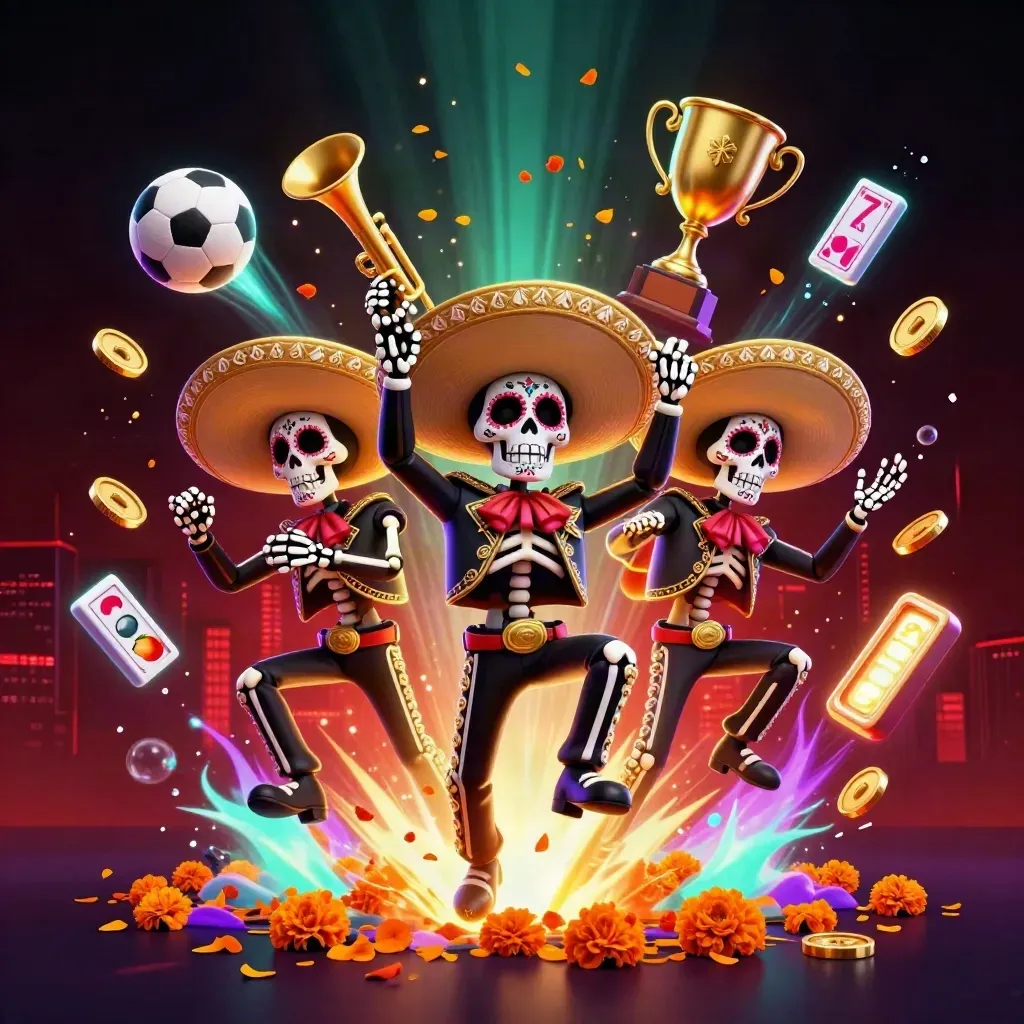 Skeleton mariachi trio with casino props, coins, and neon effects on a dark red-black background