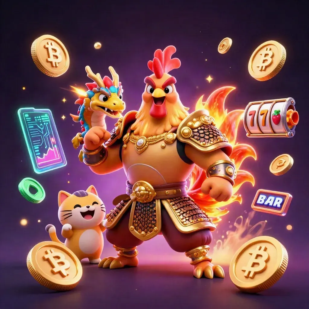 Golden rooster warrior, spark-breathing dragon hatchling, and cheering fortune cat amid casino coins