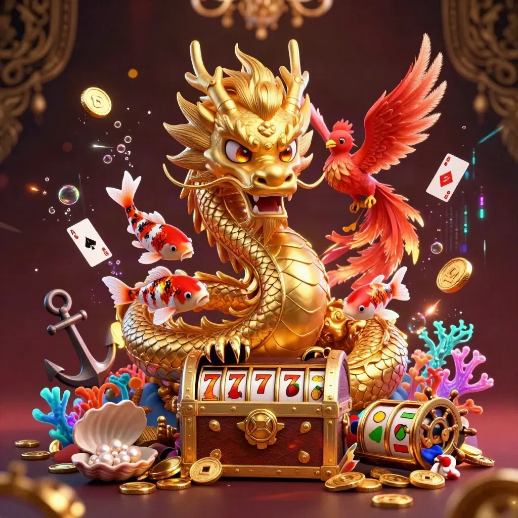 Golden dragon, phoenix and koi in a neon treasure cove with casino artifacts and dark luxury glow.