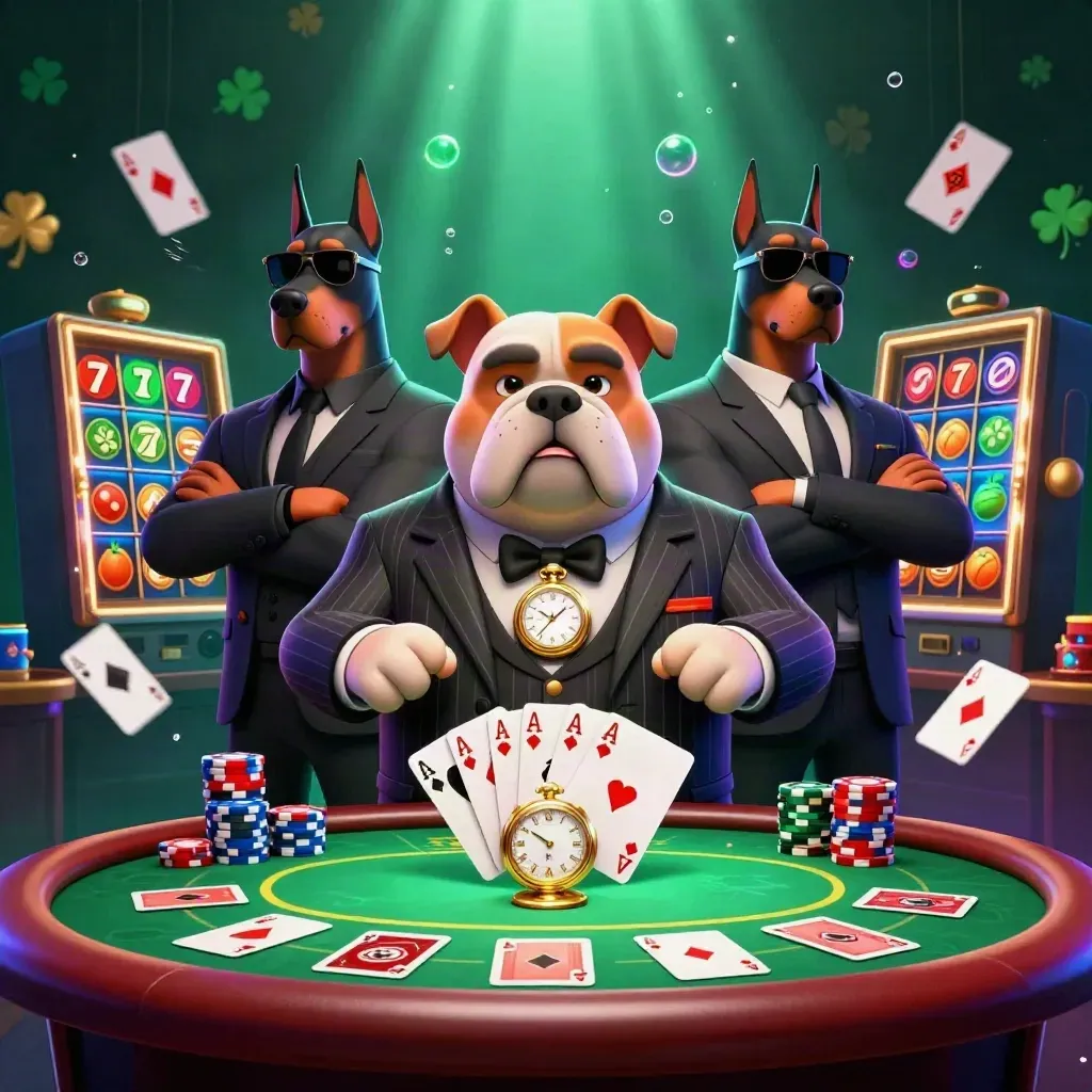 Mafia bulldog and two doberman bodyguards at a poker table with slot symbols and neon casino glow.